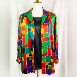Vintage Bright Colorful Geometric Print Satin Button Up Tunic Top Lg